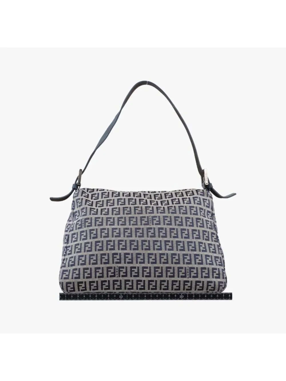 Fendi Mamma Bucket Zucchino Pattern Navy Gray Canvas Leather Shoulder